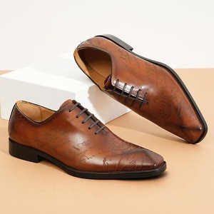 Chaussures en cuir véritable marron à lacets, bout carré, motif logo embossé, respirantes, toutes saisons - Product Image 3