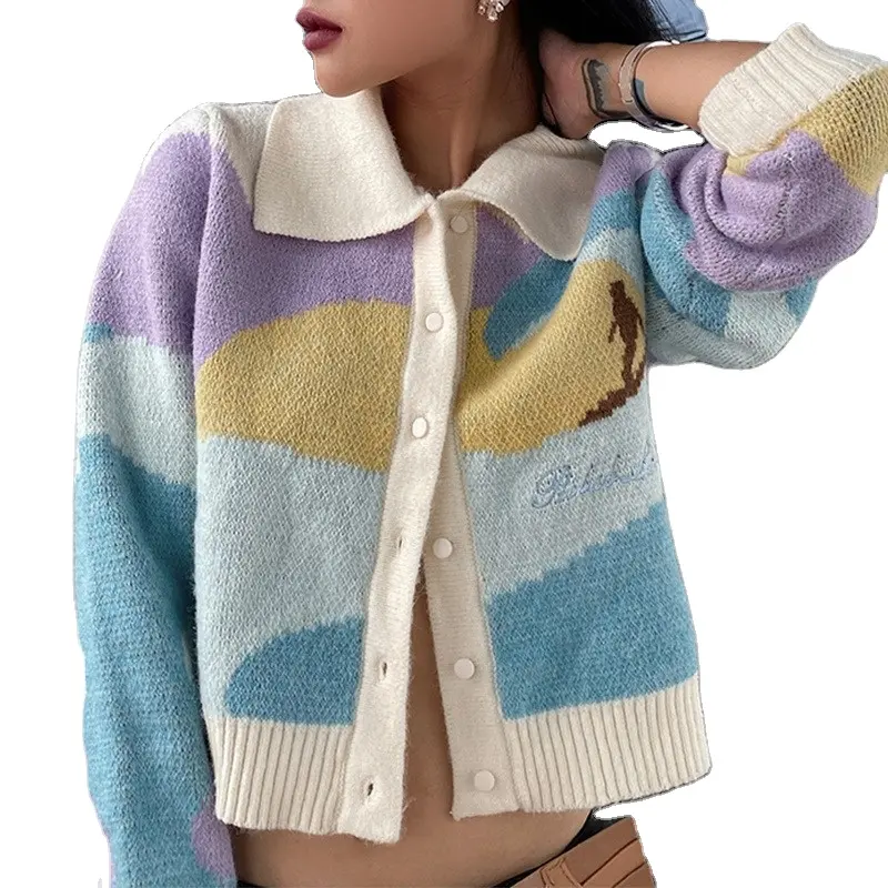 Suéteres de ganchillo de manga larga personalizados para mujer, cárdigans cortos de lujo, suéter de gran tamaño de Jacquard, venta al por mayor