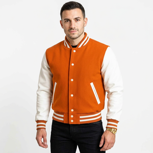 Men's Orange Varsity Jacket With White Sleeves And Stripes Preppy Style Regular Fit Turn-down Collar Single Button Closure - Product Image 5