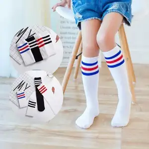 de alta calidad de nike deportes calcetines Suppliers-MKMN-Calcetines altos a rayas de algodón para estudiantes y adolescentes, calcetín de alta calidad, color blanco, a la altura de la rodilla