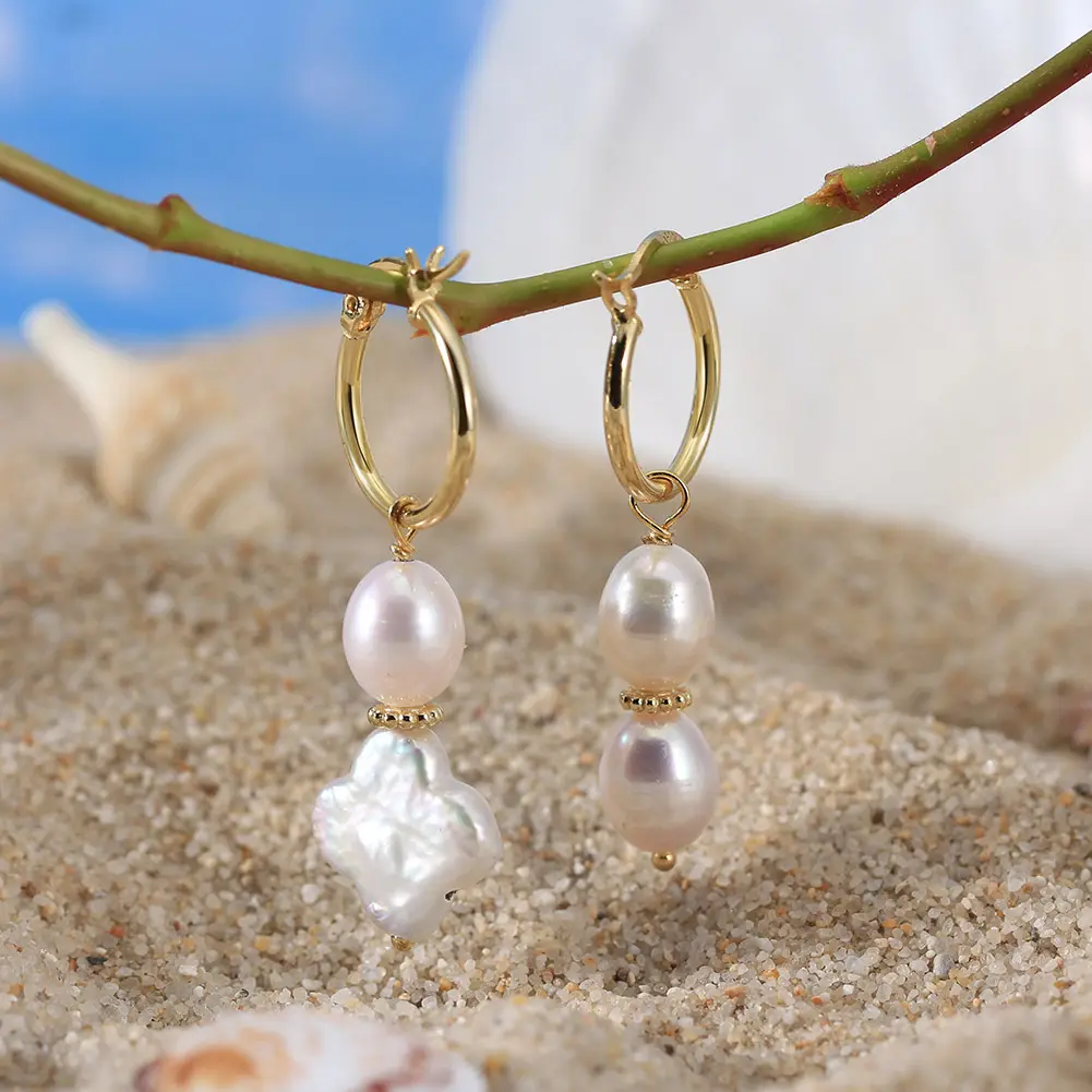 S925 Sterling Silver 14K Yellow Gold Plated Cultured Freshwater Pearl Drop Earrings Dangle Statement Earrings for Women