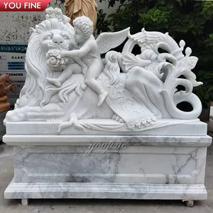 天使の彫刻像と屋外ガーデン高級ガーディアン大理石ライオン