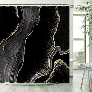 Juego de cortinas de ducha de mármol negro líneas doradas patrón texturizado abstracto decoración de baño moderna alfombra antideslizante alfombrillas de baño cubierta de inodoro