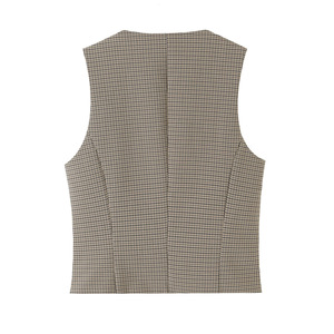 Ensemble 2 pièces personnalisé 2026 pour femme : Gilet vintage à carreaux sans manches court avec ceinture et pantalon taille haute OEM - Product Image 2