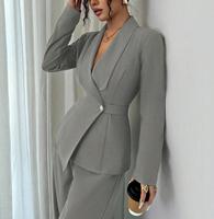 Ensemble deux pièces décontracté pour femmes européennes et américaines, mode printemps-automne, blazer long à col en V de couleur unie et pantalon large