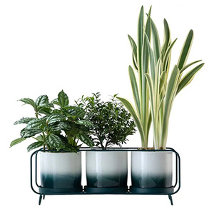 Dropshipping fioriere in ceramica vasi da <span class=keywords><strong>fiori</strong></span> in ceramica da <span class=keywords><strong>disegno</strong></span> a mano con foro di drenaggio supporto rettangolare in ferro di colore sfumato per la casa - Product Image 1