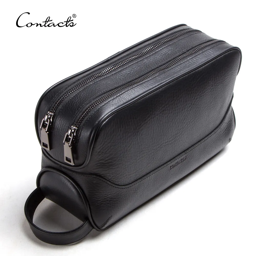 contact's dropship wholesale custom genuine leather double zipper travel toiletry organizer pouch men hanging makeup bag leather