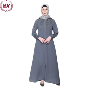 Mode moderne Robe musulmane femmes arabes <span class=keywords><strong>à</strong></span> manches longues Kaftan Flashy perles métalliques broderie gris Abaya - Product Image 3