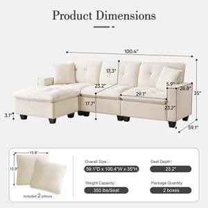 Sofá seccional en forma de L convertible moderno con asiento profundo otomano movible, sofá de nube, juego de madera de gran tamaño para sala de estar - Product Image 3
