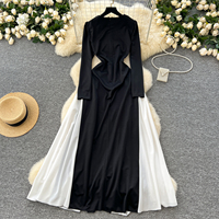 Robe longue élégante à manches longues et blocs de couleur pour femme, nouvelle collection 2024, taille cintrée, ourlet à volants, robes de soirée formelles