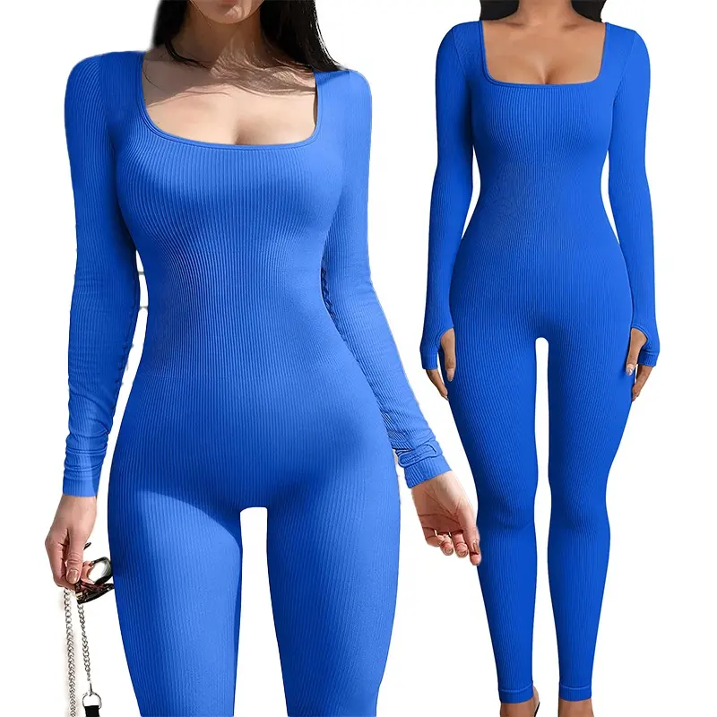 SM1117 Customized Women Ribbed Long Sleeve Jumpsuit Yoga Fitness Slim Fit Active Wear