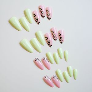 Faux ongles à presser Spring Vibe, forme amande avec imprimé léopard vert néon rose nude et accents dorés, ongles artificiels brillants réutilisables - Product Image 3