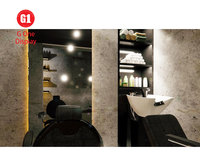 Décoration intérieure de salon de coiffure haut de gamme pour hommes avec éclairage LED, conception personnalisée de mobilier de salon de coiffure
