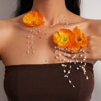Collier en tissu à fleurs avec perles de verre et pompon, bijoux fantaisie doux et simples, accessoires, colliers en tissu à fleurs orange, bijoux