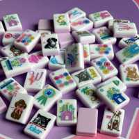 Set Mahjong Akrilik 2 Lapis 160 Ubin, Motif Anjing & Kucing Warna Pink Putih untuk Permainan Pesta AS & Hadiah