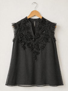 Women <b>Beaded</b> Organza <b>Top</b> Elegant Sleeveless Embroidered Blouse Fashion Party Wear Mesh Tunic <b>Top</b> for Ladies Boutique Collection - Product Image 3