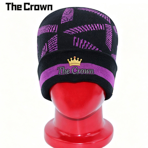 Custom Logo <b>Flat</b> Embroidery Knit Beanie Black Purple Jacquard Pattern Cuffed Winter <b>Hat</b> Warm Skull Cap Wholesale Bulk - Product Image 1