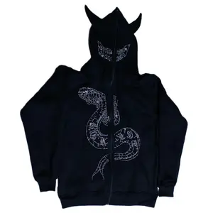 Xmas Harajuku Brand Letters Print Kawaii Horn Devil Zip Up Hoodie Jackets Y2k Rhinestone Graphics Devil Snake Zip Up Hooded