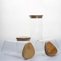 Bocaux de conservation triangulaires en verre de haute qualité avec couvercle en bambou, transparents, légers et imprimés, pour thé et céréales