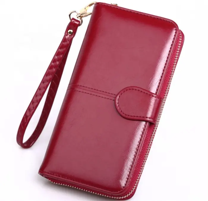 2022 Low Moq Fashion Ladies Long Zipper Cell Phone Clutch Purse Wax Leather Credit Card Holder Wallet Women