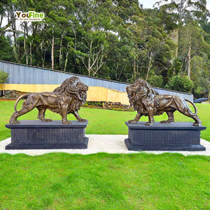 YOUFINE屋外ガーデンライフサイズペアブロンズ立ちライオン像台座付き彫刻 - Product Image 2