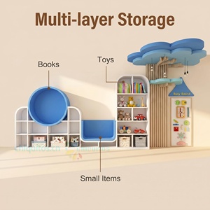 Chiquitos Angolo di Lettura Personalizzato in Legno per Bambini con Scaffale Portaoggetti e Cuscino Morbido Blu Bianco Legno Naturale per Scuola Materna e Asilo - Product Image 3