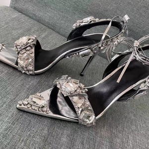 Sandales de luxe dorées à lacets, talons aiguilles ornés de diamants, chaussures sexy pour femme avec bride arrière, grandes tailles 43 - Product Image 5