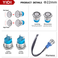 Bouton poussoir métallique 22 mm 10 A à courant élevé en acier inoxydable pour LED, momentané/verrouillable, pour applications industrielles, électroménager, automobile, marine, IP64 1NO