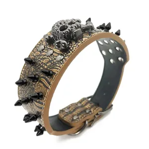 New Designer Large Spiked Skull Stud Metal Dog PU Leather Anti-Bite Protection Collar Pit Bull Mastiff Rivet Studded Dog Collar - Product Image 2