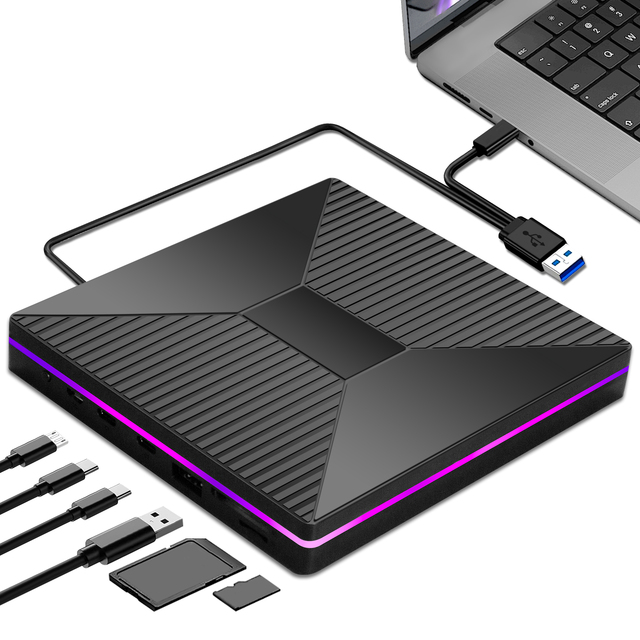 External DVD Player with Light Bar Plug and Play DVD Burner with Hub, CD Drive for Latest Laptops with Optical Drive