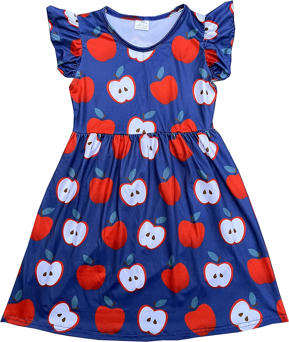2023 summer latest design boutique wholesale custom children dress apples printed blue sleeveless girl dresses