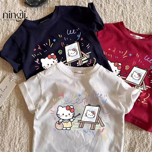 <span class=keywords><strong>T</strong></span>-<span class=keywords><strong>shirt</strong></span> à manches courtes imprimé KT Cat pour filles, col rond, é<span class=keywords><strong>t</strong></span>é, 100% coton, respirant, vêtements pour bébé fille, vêtements pour enfants - Product Image 2