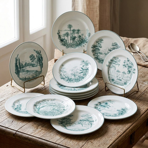 Lot de vaisselle en porcelaine à motif paysager <span class=keywords><strong>vert</strong></span>, assiettes rondes en céramique pour la restauration en gros - Product Image 1