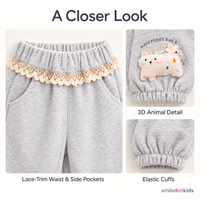Smiledotkids Pantalon de jogging personnalisé pour enfants, gris, taille à cordon, broderie ours, polaire douce, OEM ODM, vente en gros pour tout-petits