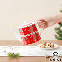 Théière en céramique rouge de Noël avec poignée et bec verseur blancs, motif festif houx et cloche, en porcelaine, pour la maison, cadeau de fêtes