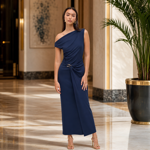 Robe sur mesure pour femme, vêtement personnalisé, bleu marine, asymétrique à une épaule, froncée, pour soirée, été, maxi - Product Image 4