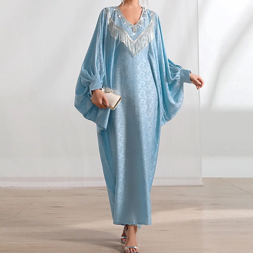 J&H 2023 new fashion moroccan kaftan v neck beaded fringe maxi dress free size silk satin robes ladies dubai abaya dresses