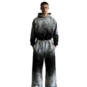 Custom Wholesale Acid Wash Streetwear Tracksuit Men Vintage Heavyweight Cotton <b>Tie</b> <b>Dye</b> Crop Zip Up Hoodie Wide Leg Pants <b>Set</b> - Product Image 1