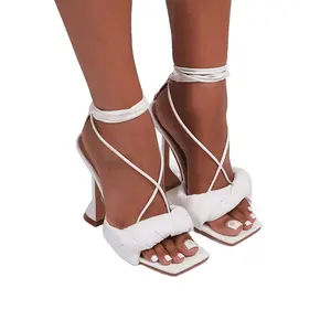 Summer New Arrival Wholesale Fish Mouth White Heeled Sandals Women's Fashion Lace-up High Heels
