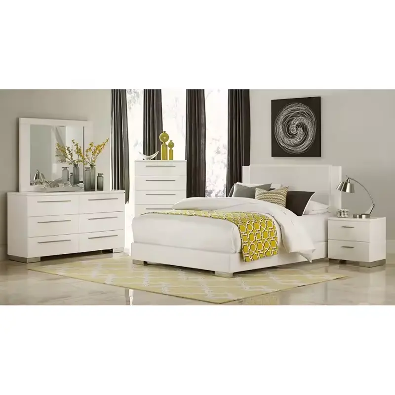 أثاث غرفة نوم بتصميمات حديثة بيضاء اللون، مجموعة غرفة نوم عالية اللمعان مع خزانة ملابس وسرير تخزين مزدوج