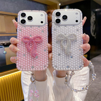 Coque de téléphone de luxe Preppy Bling Bling avec perles et strass, motif nœud, pour iPhone 18 17 Pro Max 16 15 14 13, avec dragonne en cristal, protection intégrale
