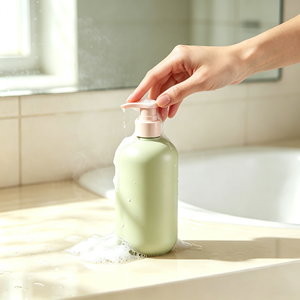 Bouteille à pompe verte en HDPE de 200 ml, 250 ml, 300 ml, 400 ml, 500 ml, forme cylindrique avec épaule oblique pour <span class=keywords><strong>shampoing</strong></span>, après-<span class=keywords><strong>shampoing</strong></span>, lotion - Product Image 6