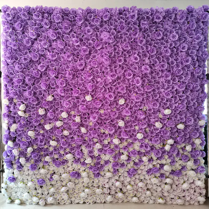 Fondo de panel de pared de flores artificiales púrpuras y blancas artificiales en 3D aspecto original de flores artificiales