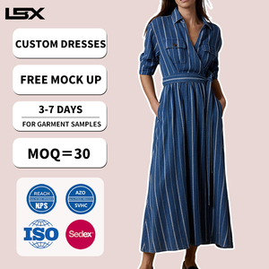 <span class=keywords><strong>Robe</strong></span> chemise en jean rayée sur mesure pour femme, <span class=keywords><strong>robe</strong></span> longue portefeuille ceinturée, fournisseur <span class=keywords><strong>de</strong></span> vêtements OEM ODM, faible MOQ, conception gratuite, <span class=keywords><strong>livraison</strong></span> <span class=keywords><strong>rapide</strong></span> - Product Image 1
