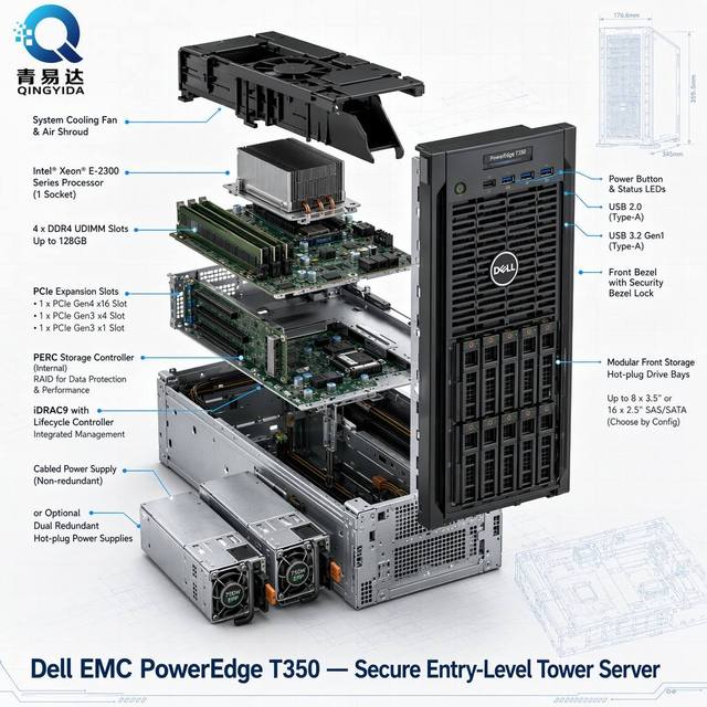 PowerEdge T350 Tower Server Xeon E DDR4 PCIe NVMe Entry Level Small Business Custom Config
