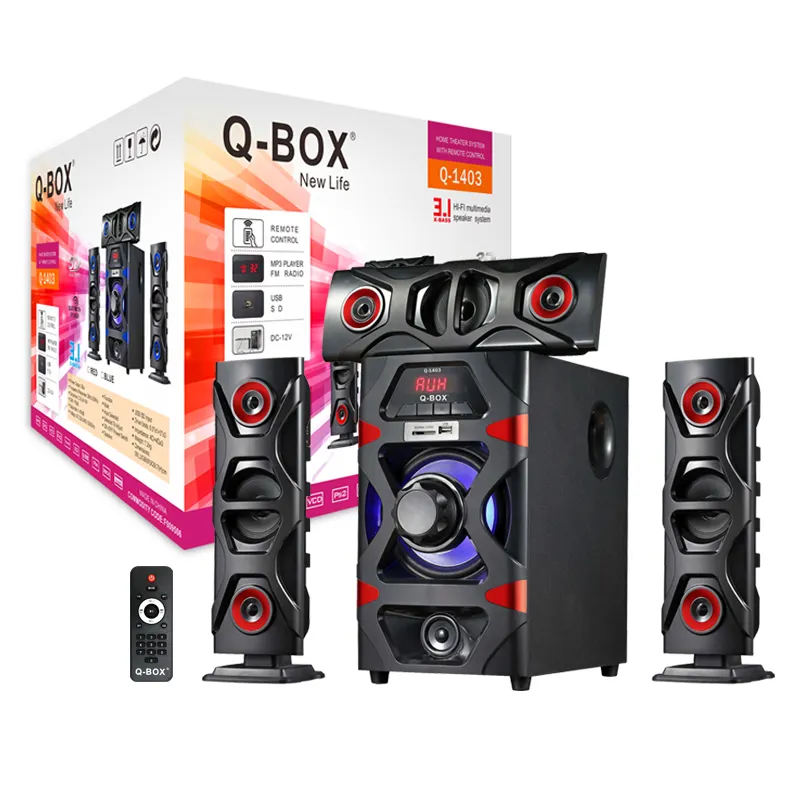 Q-BOX Q-1403 3.1 speaker home theater, kotak subwoofer karaoke tampak bagus kualitas bagus 2023 panas