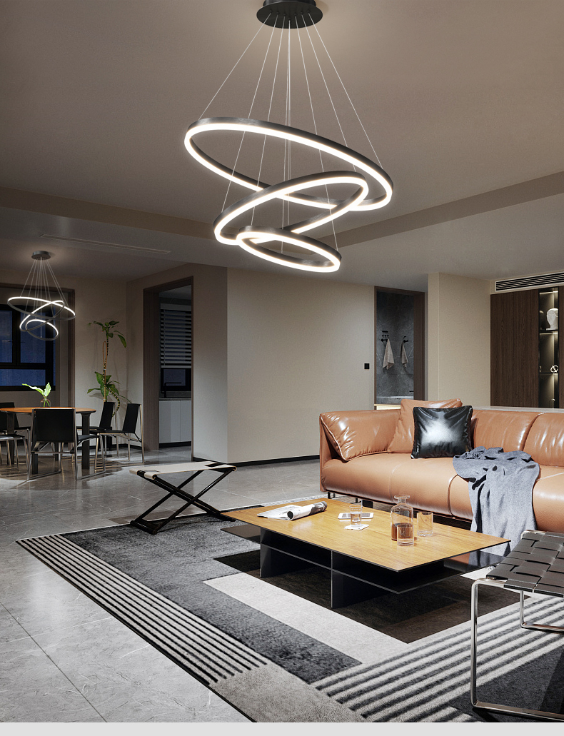 Modern Contemporary Minimalist Luxury Circle Globe Gold Ring Dining Room Ceiling Hanging Black LED Chandeliers Pendant Lights