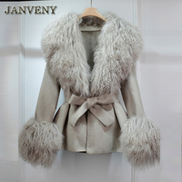 JANVENY Nouvelle Veste en Laine pour Femme avec Col et Poignets en Vraie Fourrure de Mouton de Mongolie, Manteau Trench en Cachemire Mi-Long Slim avec Ceinture pour l'Hiver