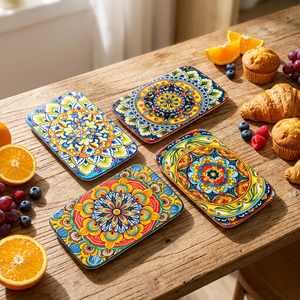 Juego de Vajilla Rectangular de Cerámica Estilo Bohemio, Apto para Microondas, con Diseño de Plantas y Color Subesmaltado, Platos Creativos para Sushi, Postres y Aperitivos - Product Image 1