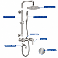 Ensemble de douche 3 fonctions en acier inoxydable 304 brossé, avec pommeau de pluie rond, douchette à main et bec de baignoire orientable apparent, vente en gros